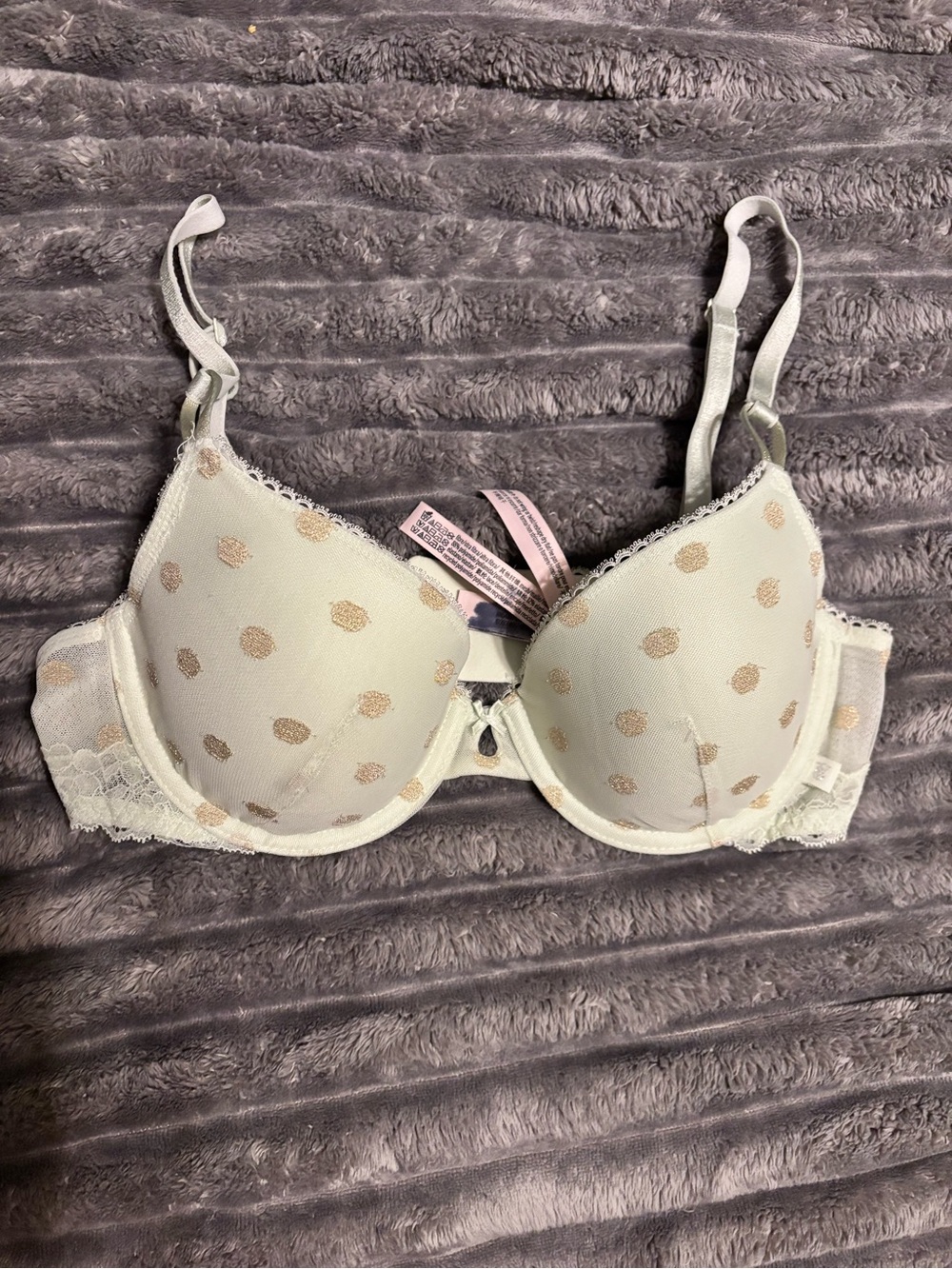 Women's Light Green with Gold Polka Dot, Lace Underwire Lined Demi Bra 34C